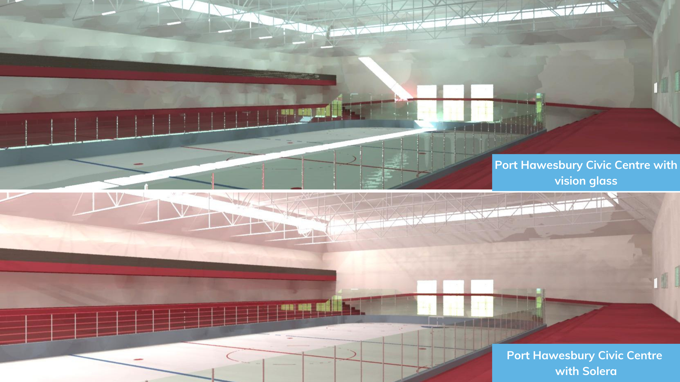 Port Hawesbury Civic Centre daylight models with vision glass top and Solera engineered daylight diffusers bottom. 