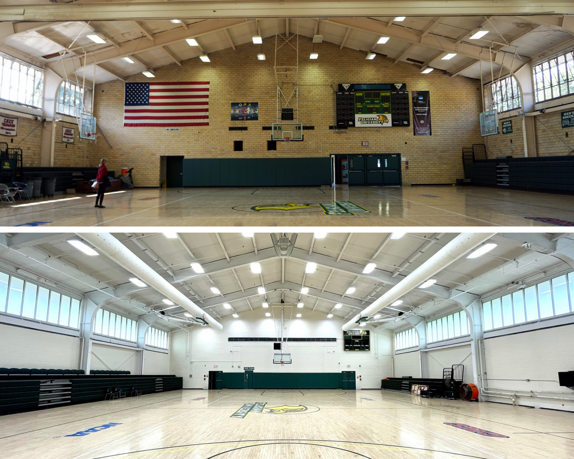 Felician University gymnasium before and after. 