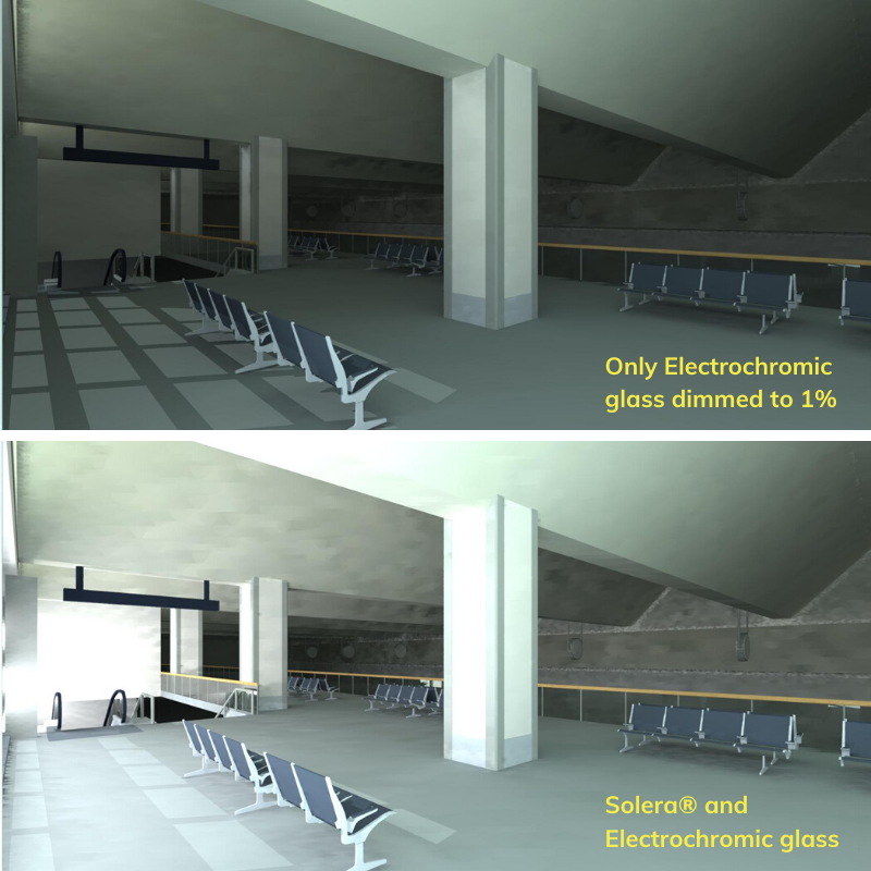 Minneapolis–Saint Paul Airport terminal interior with hybrid Solera® and electrochromic façade
