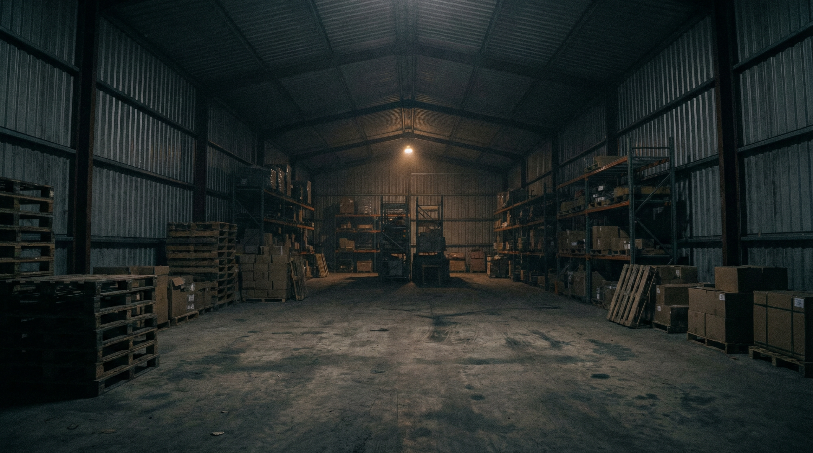 Dark metal building storage interior